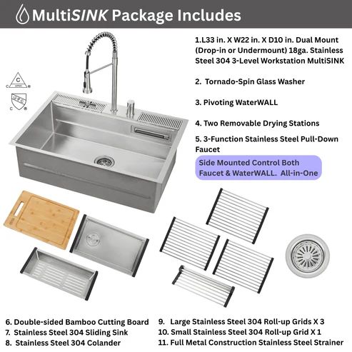 Forno Acqua MultiSINK Stainless Steel 33" Dual Mount 3-Level Workstation Sink with Waterfall Faucet and Glass Rinser-4