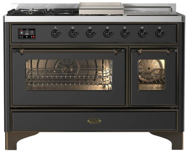 Ilve® Majestic III 48" Graphite Matte Pro Style Dual Fuel Liquid Propane Range with Triple Glass Door and Burnished Trim-0