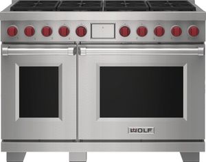 front view of the Wolf® 48" Stainless Steel Freestanding Dual Fuel Range