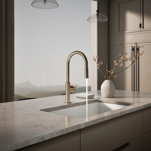 KOHLER® Billet® Vibrant Brushed Bronze Kitchen Sink Faucet with 2-Function Sprayhead and Cross Handle-2