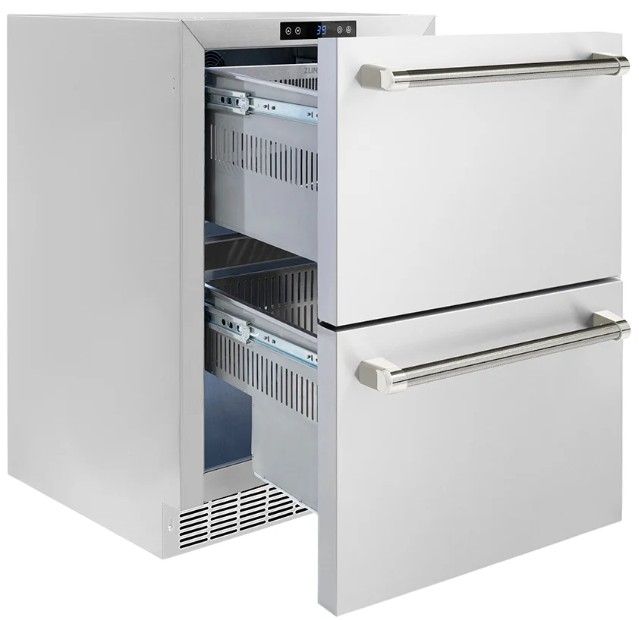 ZLINE Autograph Edition Touchstone 24 " 4.6 Cu. Ft. Stainless Steel 168 Can Outdoor-Rated Dual Refrigerator Drawer with Polished Nickel Helix Handles-2