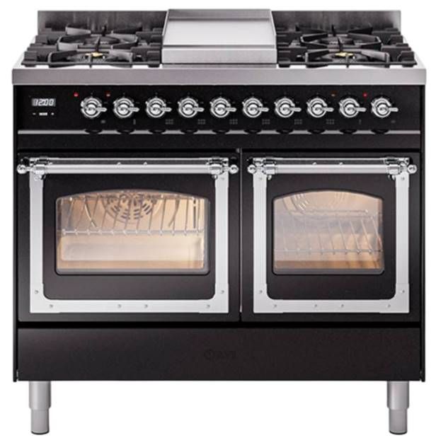 Ilve® Nostalgie II Noblesse 40'' Glossy Black Pro Style Dual Fuel Range with Chrome Trim-0