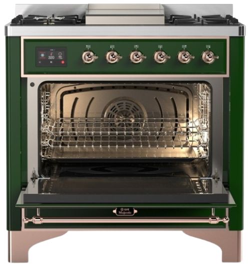 Ilve® Majestic III 36" Emerald Green Pro Style Dual Fuel Natural Gas Range with 6 Black Brass Burners and Copper Trim-1