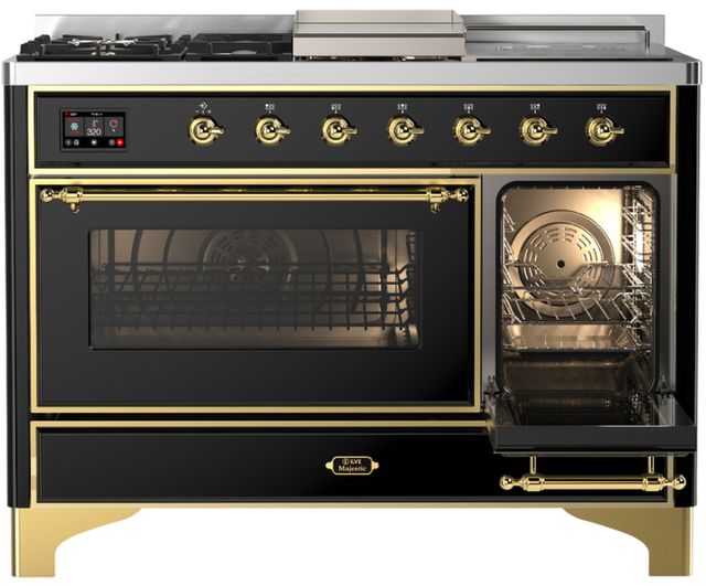Ilve® Majestic III 48" Glossy Black Pro Style Dual Fuel Liquid Propane Range with 5 Black Brass Burners and Brass Trim-3