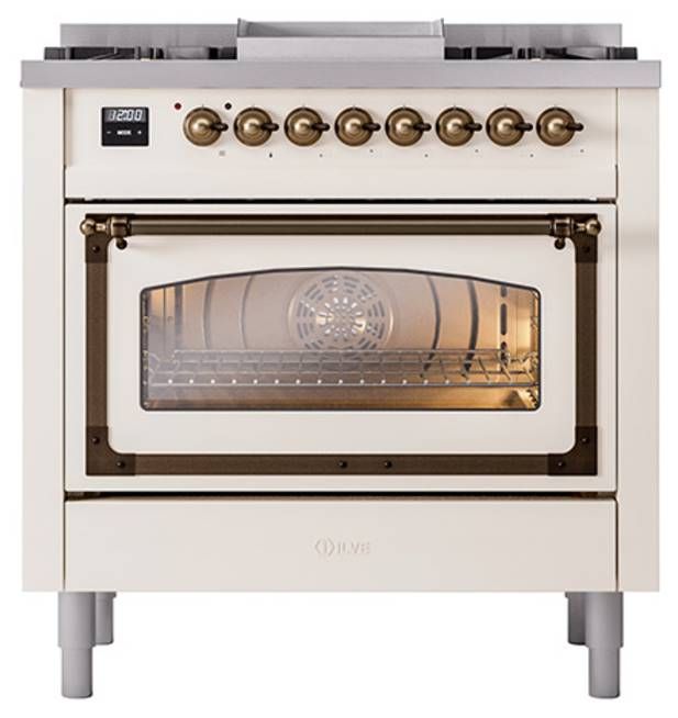 Ilve® Nostalgie II Noblesse 36'' Antique White Pro Style Dual Fuel Range with Burnished Trim-1