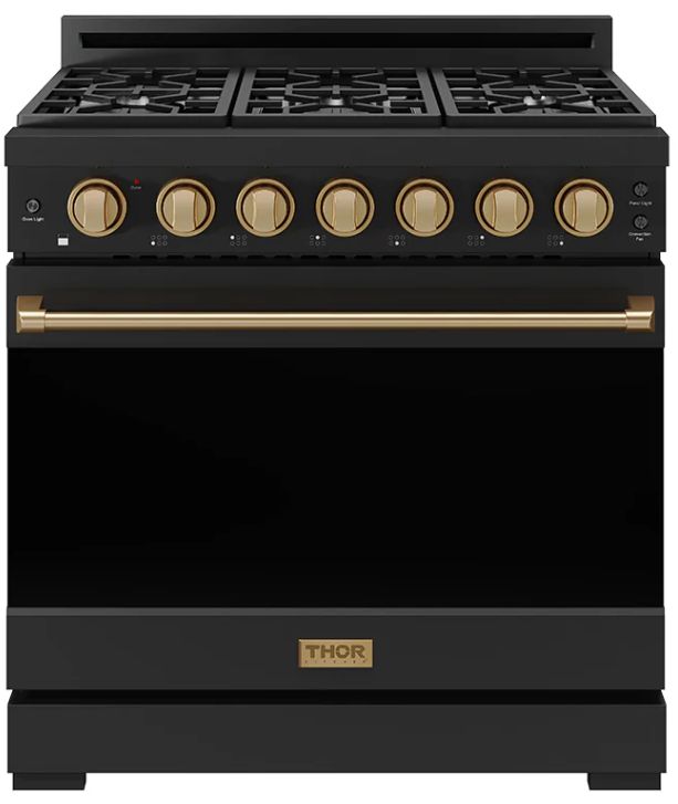 Thor Kitchen Gordon Ramsay Collection 36" Black Pro Style Liquid Propane Range with Precision Knob Control and Bronze Trim-0