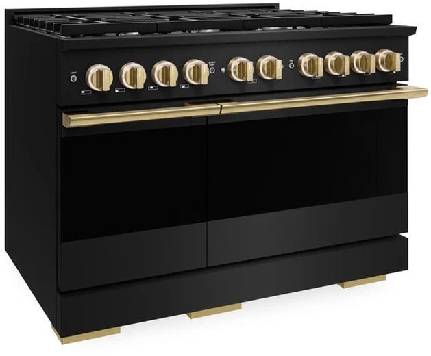 ZLINE Marino 48" Black Stainless Steel Pro Style Dual Fuel Range with Polished Gold Accents-3