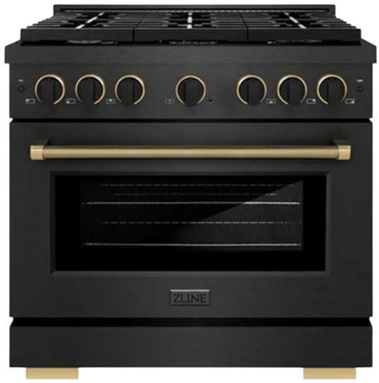 ZLINE Designer Collection Paramount 36" 5.2 cu. ft. Black Satin Stainless Steel Dual Fuel Range with 6 Brass Burners Gas Cooktop and Electric Convection Oven with Champagne Bronze/Matte Black Accent-0
