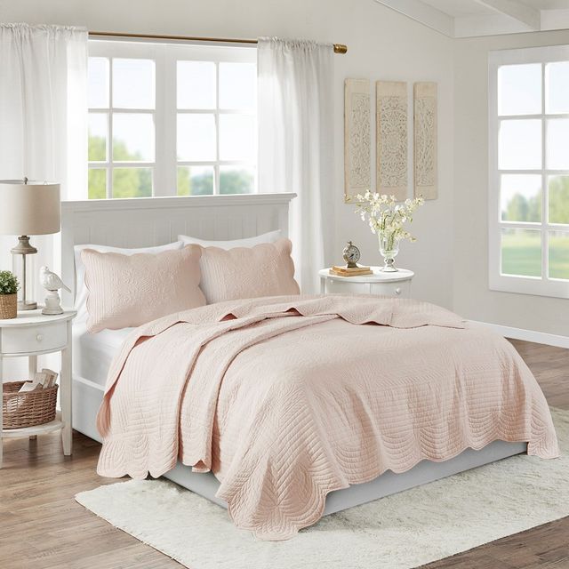 Olliix by Madison Park 3 Piece Blush King/California King Tuscany Reversible Scalloped Edge Coverlet Set-3