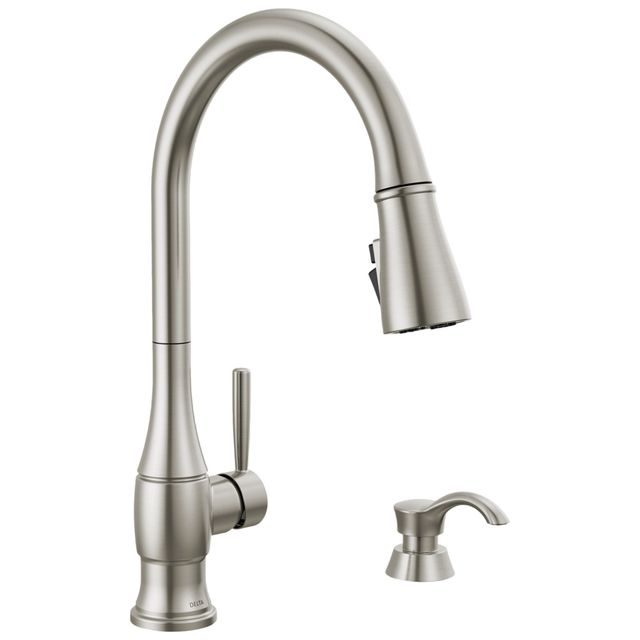 Delta Hazelwood® Spotshield Stainless Single Handle Kitchen Faucet with Soap Dispenser and ShieldSpray Technology-0