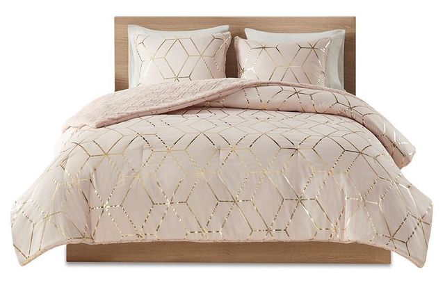 Olliix by Intelligent Design Ainsley Blush King Metallic Print Reversible Comforter Set-0