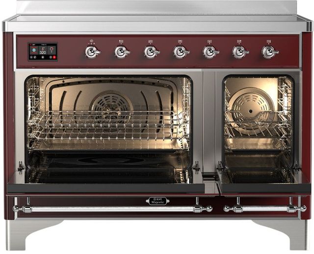 Ilve® Majestic III 48" Burgundy Pro Style Induction Range with Triple Glass Door and Chrome Trim-1