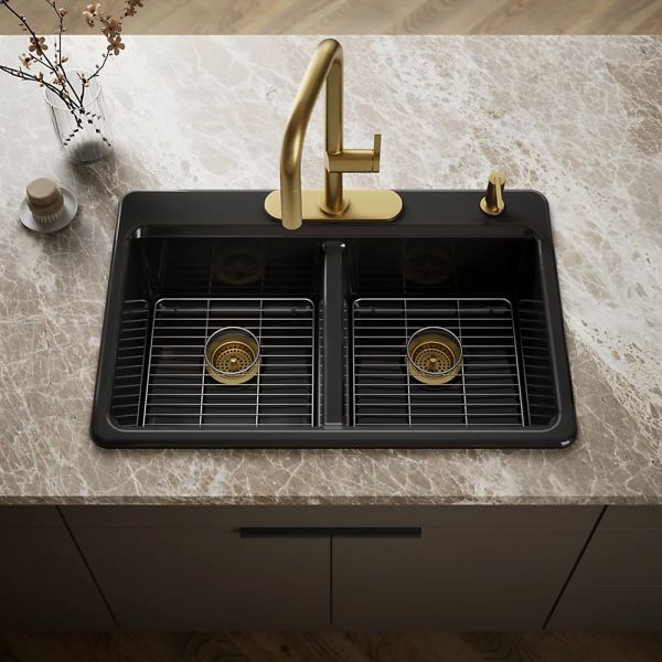 KOHLER® Riverby® Black 33" 4-Faucet Hole Top-Mount Double-Equal Bowl Kitchen Sink-1