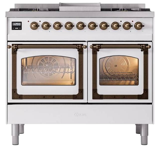 Ilve® Nostalgie II Noblesse 40'' White Pro Style Dual Fuel Range with Burnished Trim-1