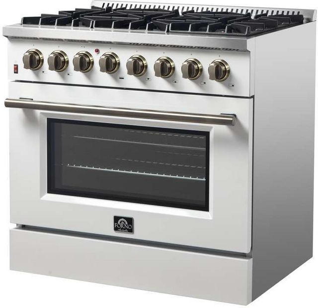 FORNO® Galiano 36" Stainless Steel Pro Style Dual Fuel Range with White Door with Antique Brass Accents-6