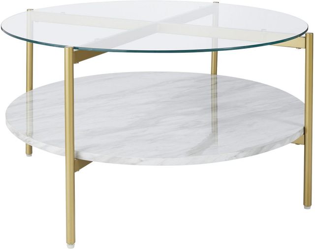 Signature Design by Ashley® Wynora Glass Top Round Coffee Table with Gold Legs and Marble Shelve -0