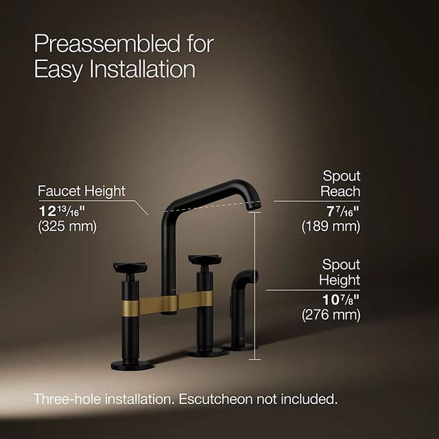 KOHLER® Billet® Matte Black with Brushed Moderne Brass 2-Hole Bridge Kitchen Sink Faucet with Side Sprayer-2