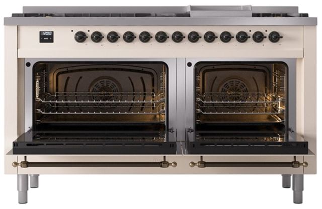 Ilve® Nostalgie II Noblesse 60'' Antique White Pro Style Dual Fuel Range with Burnished Trim-1