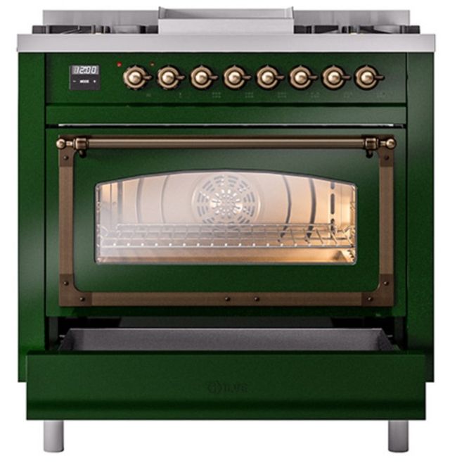 Ilve® Nostalgie II Noblesse 36'' Emerald Green Pro Style Dual Fuel Range with Burnished Trim-3