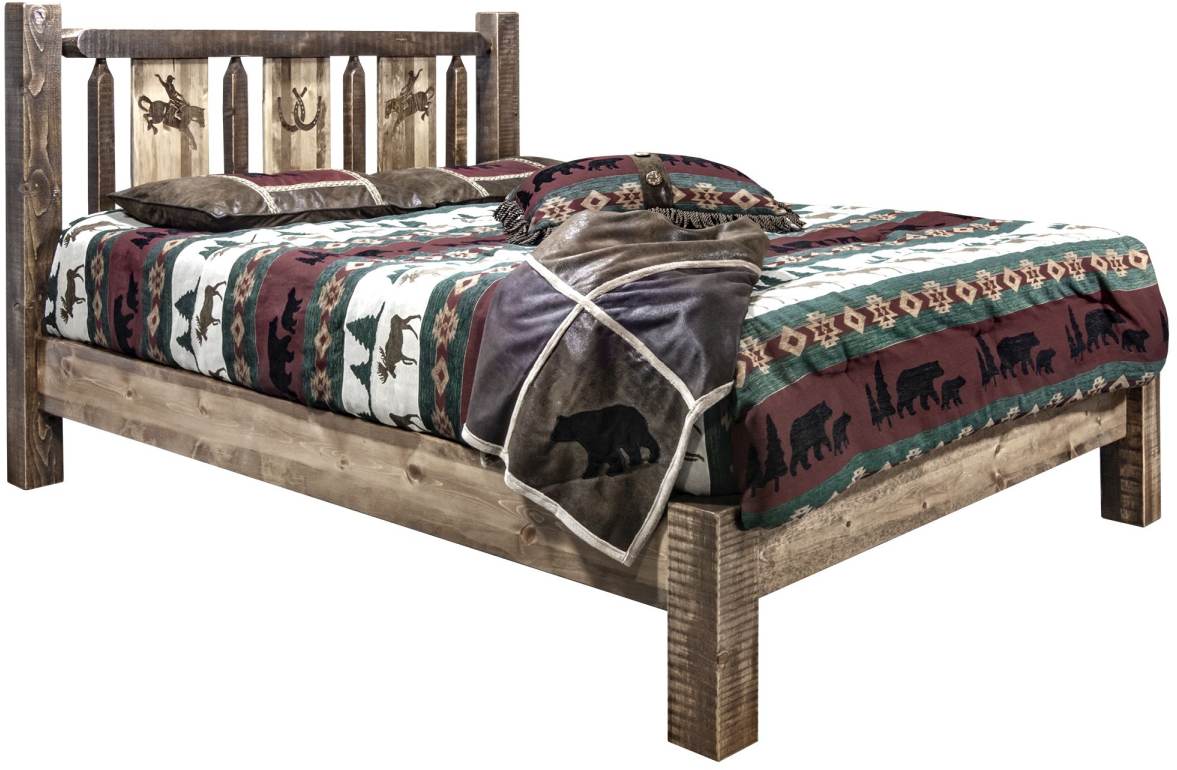 Montana Woodworks® Homestead Stain & Clear Lacquer Queen Platform Bed with Laser Engraved Bronc Design