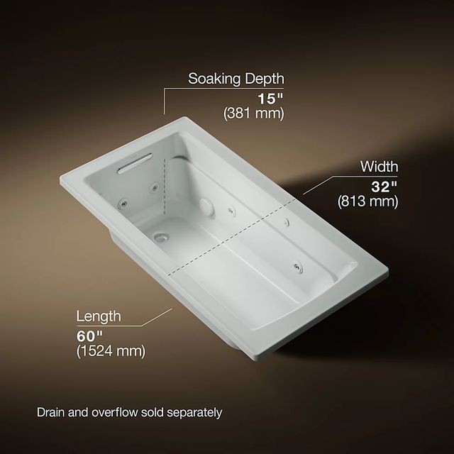 KOHLER® Archer® Ice Gray 60" x 32" Drop-In Whirlpool Bath with Heater-2