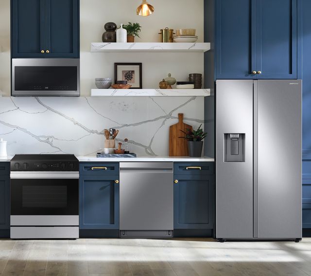 Samsung 4 Piece Kitchen Package with a 27.4 Cu. Ft. Total Capacity Freestanding Side by Side Refrigerator
