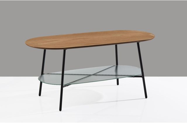 Adesso® Diane Natural Wood Coffee Table with Glass shelve and Black Metal Base-3