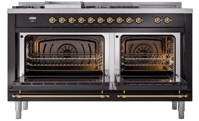Ilve® Nostalgie II Noblesse 60'' Glossy Black Pro Style Dual Fuel Range with Brass Trim-2