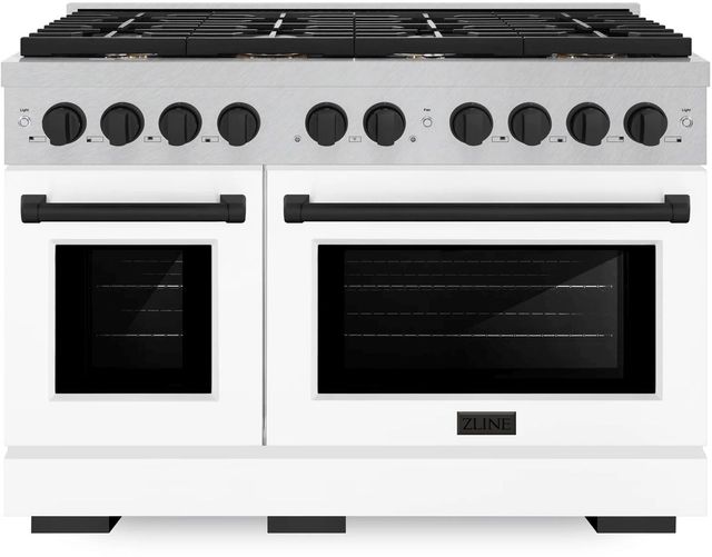 ZLINE Autograph Edition Paramount 48" Satin Stainless Steel Pro Style Dual Fuel Range with White Matte Door and Matte Black Accents-0