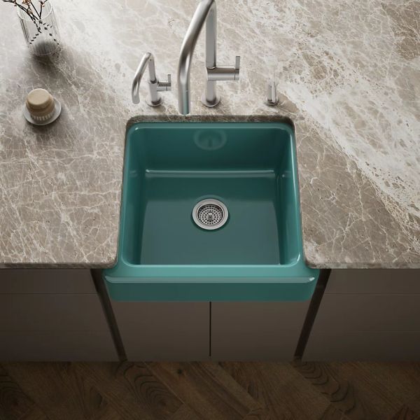 KOHLER® Whitehaven® Teal 24" Undermount Single-Bowl Farmhouse Kitchen Sink with Short Apron-1