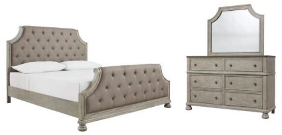 Benchcraft® Falkhurst 5-Piece Brown/Gray Queen Upholstered Panel Bed Set-0