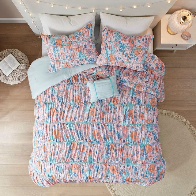 Olliix by Intelligent Design Mae Pink/Blue Twin/Twin XL Floral Printed Ruched Comforter Set-1