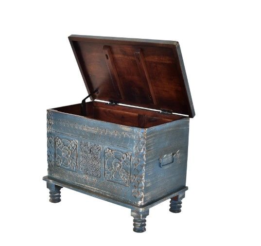 Jaipur Furniture Carved Blue Chest Box-2