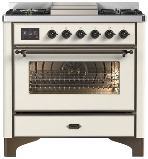 Ilve® Majestic III 36" Antique White Pro Style Dual Fuel Liquid Propane Range with 6 Black Brass Burners and Burnished Trim-0