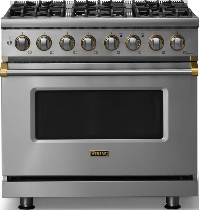 Viking® 5 Series 36" Stainless Steel Pro Style Dual Fuel (LP) Range with Brushed Brass Trim-0