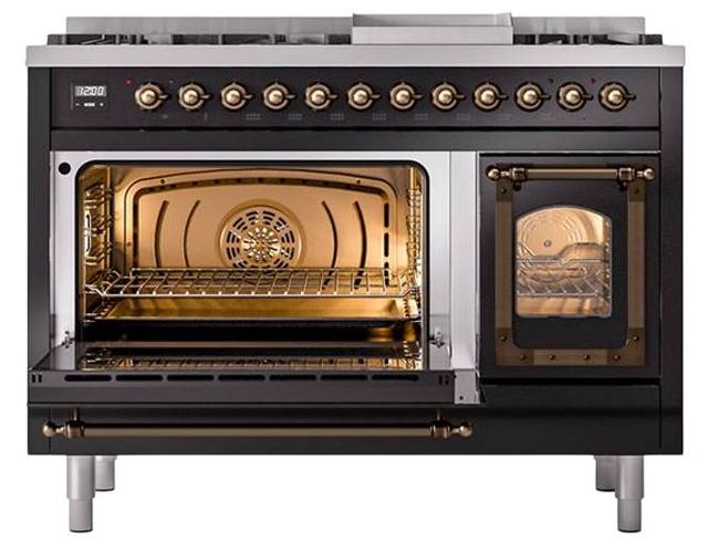 Ilve® Nostalgie II Noblesse 48'' Glossy Black Pro Style Dual Fuel Range with Burnished Trim-3