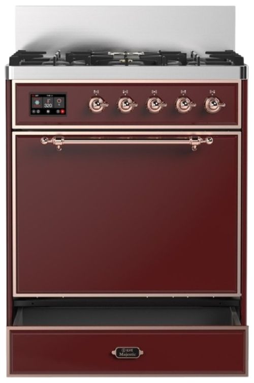 Ilve® Majestic III 30" Burgundy Pro Style Dual Fuel Natural Gas Range with 5 Black Brass Burners and Copper Trim-2