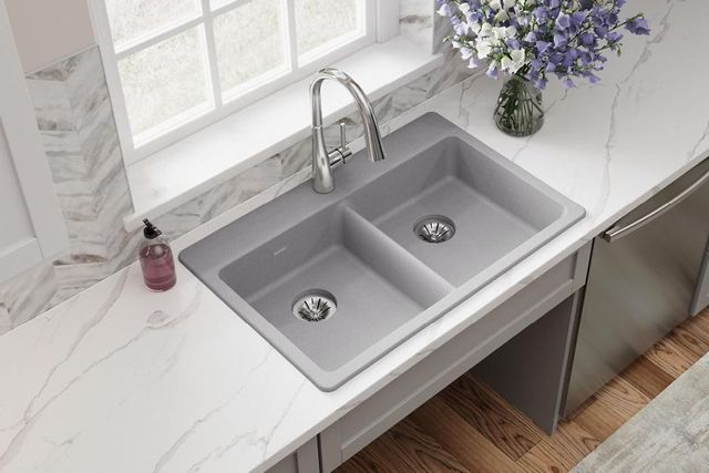 Elkay Quartz Classic® Graystone 33" x 22" x 5-1/2" Double Bowl Drop-In ADA Sink with Perfect Drain®-2