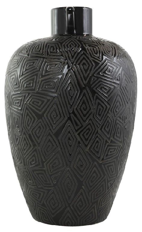 Deco Marche Black Ceramic Vase with Geometric Etching and Handle-1