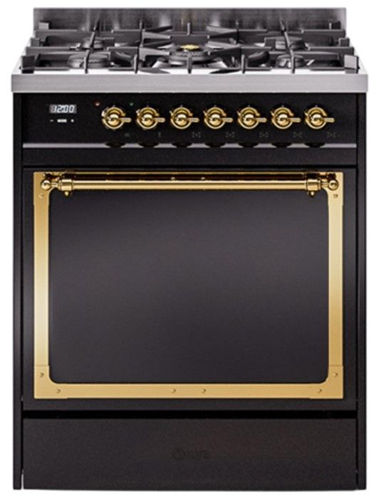 Ilve® Nostalgie II Noblesse 30'' Glossy Black Pro Style Dual Fuel Range with Brass Trim-0