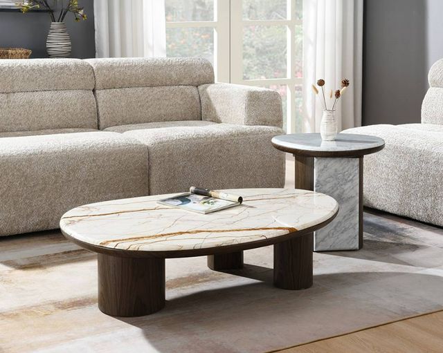 ACME Furniture Haidar Natural Marble Top Coffee Table with Brown Legs-1