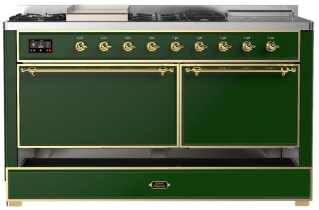 Ilve® Majestic III 60" Emerald Green Pro Style Dual Fuel Natural Gas Range with Solid Door and Brass Trim-2