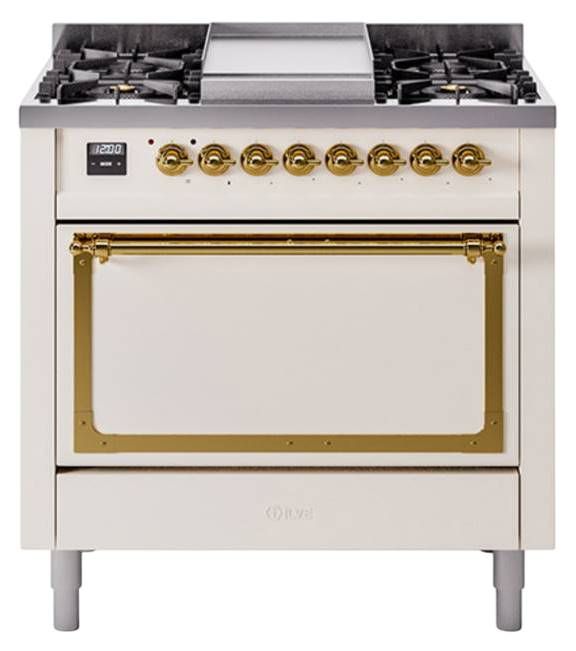 Ilve® Nostalgie II Noblesse 36'' Antique White Pro Style Dual Fuel Range with Brass Trim-0