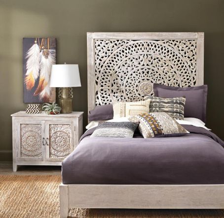 Jaipur Furniture Carved Lace White Wash Queen Panel Bed-1