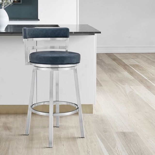 Armen Living Madrid Brushed Stainless Steel/Vintage Blue Swivel Counter Stool-1