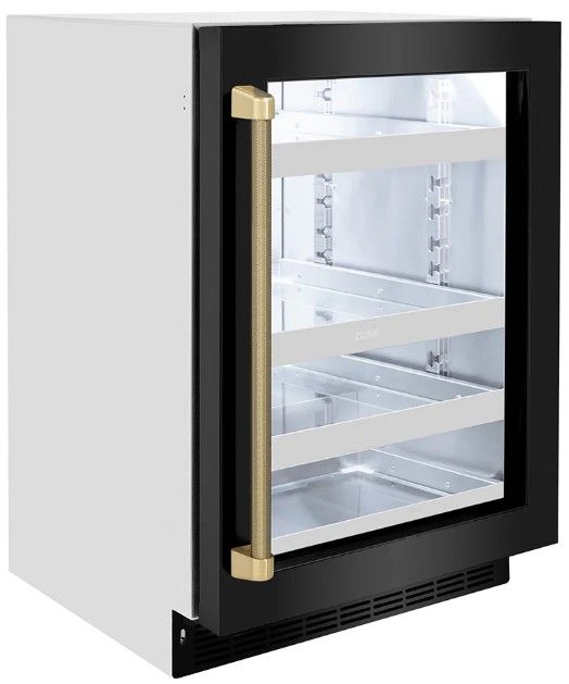 ZLINE Autograph Edition Touchstone 24 " 5.2 Cu. Ft. Black Stainless Steel 151 Can Beverage Fridge with Glass Door and Champagne Bronze Helix Handle -2