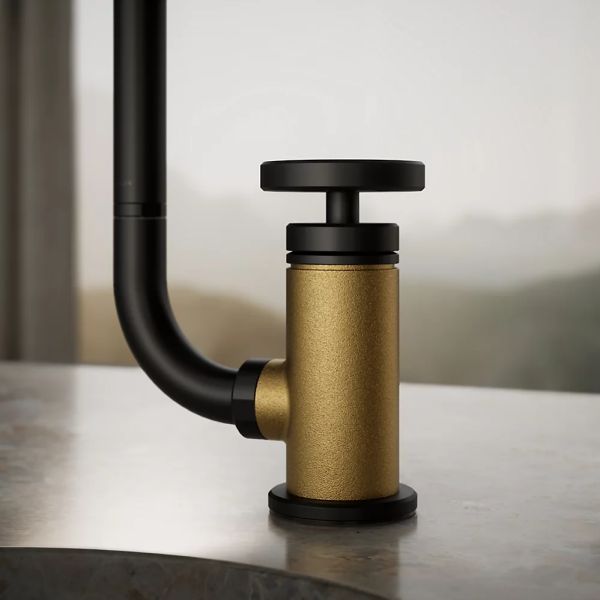 KOHLER® Billet® Brushed Moderne Brass/Matte Black Single Round-Handle Bar Sink Faucet with 2-Function Extended-Reach Spout and Side Sprayer-3