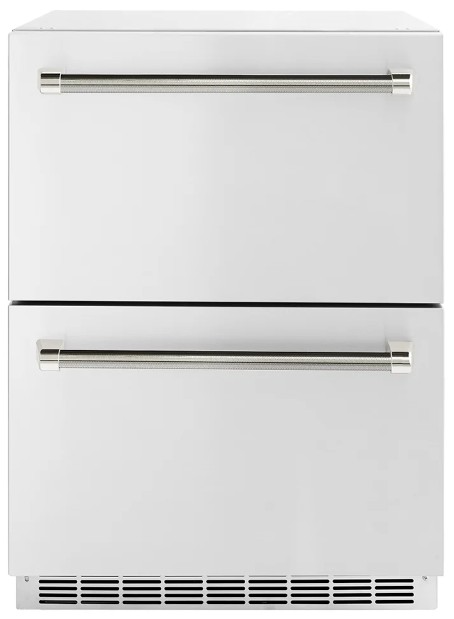 ZLINE Autograph Edition 24 in. Touchstone 168 Can Outdoor-Rated Dual Refrigerator Drawer with Stainless Steel Doors and Polished Nickel Helix Handles (RDSOZ-ST-24-KPN)