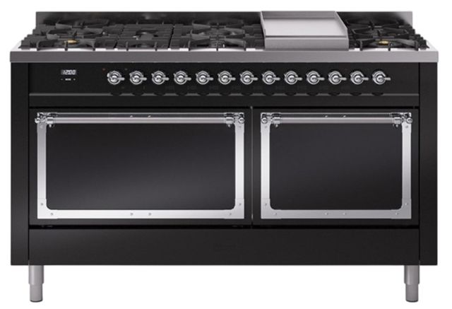 Ilve® Nostalgie II Noblesse 60'' Glossy Black Pro Style Dual Fuel Range with Chrome Trim-0