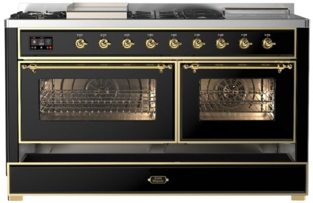 Ilve® Majestic III 60" Glossy Black Pro Style Dual Fuel Liquid Propane Range with French Top and Brass Trim-2